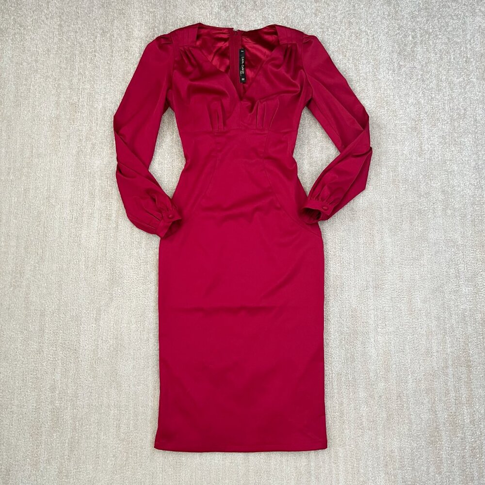 Laura Byrnes Pinup Couture Fall 2012 Red Wiggle Midi Dress S Long Sleeve